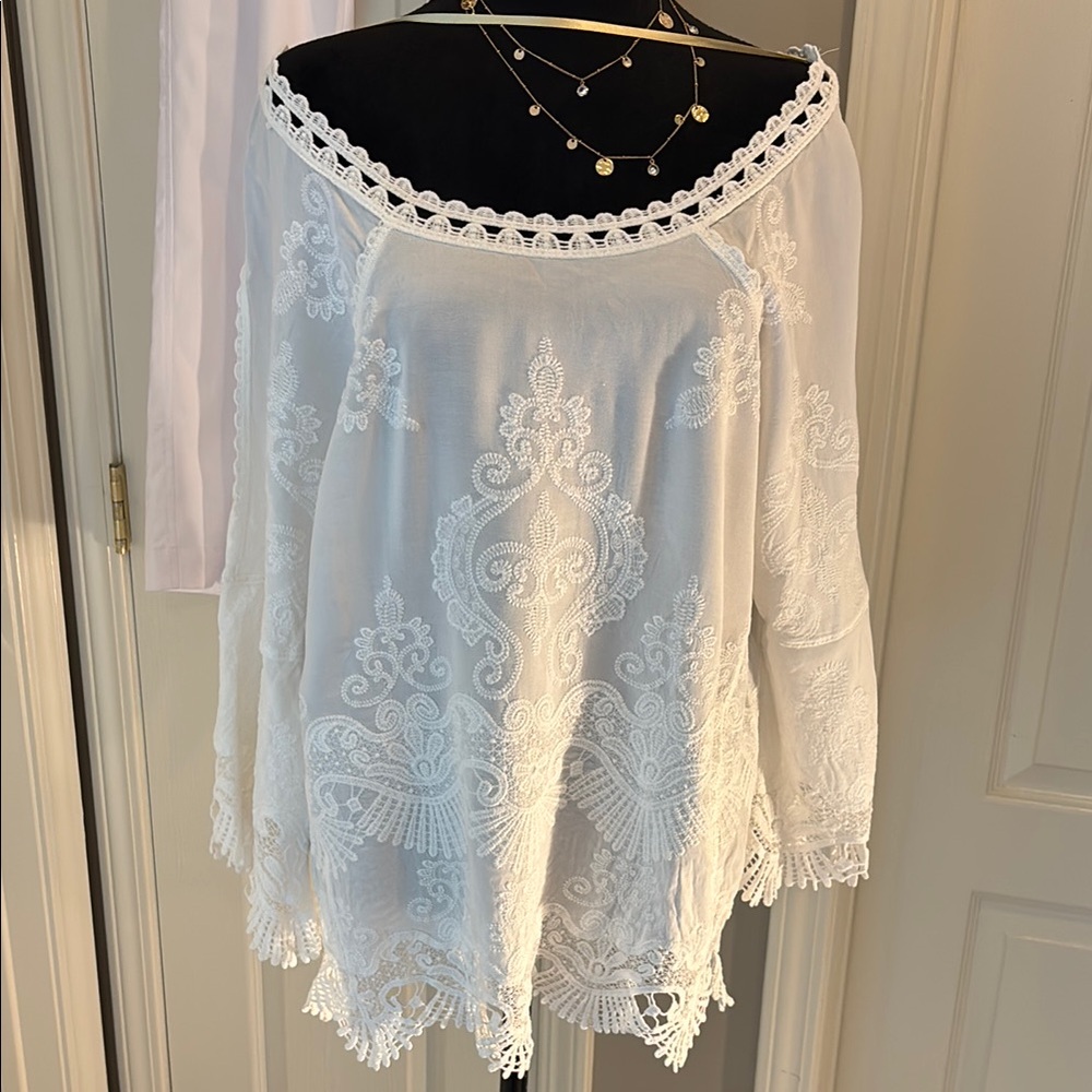 White Embroidered Cold Shoulder Bell Sleeve Top